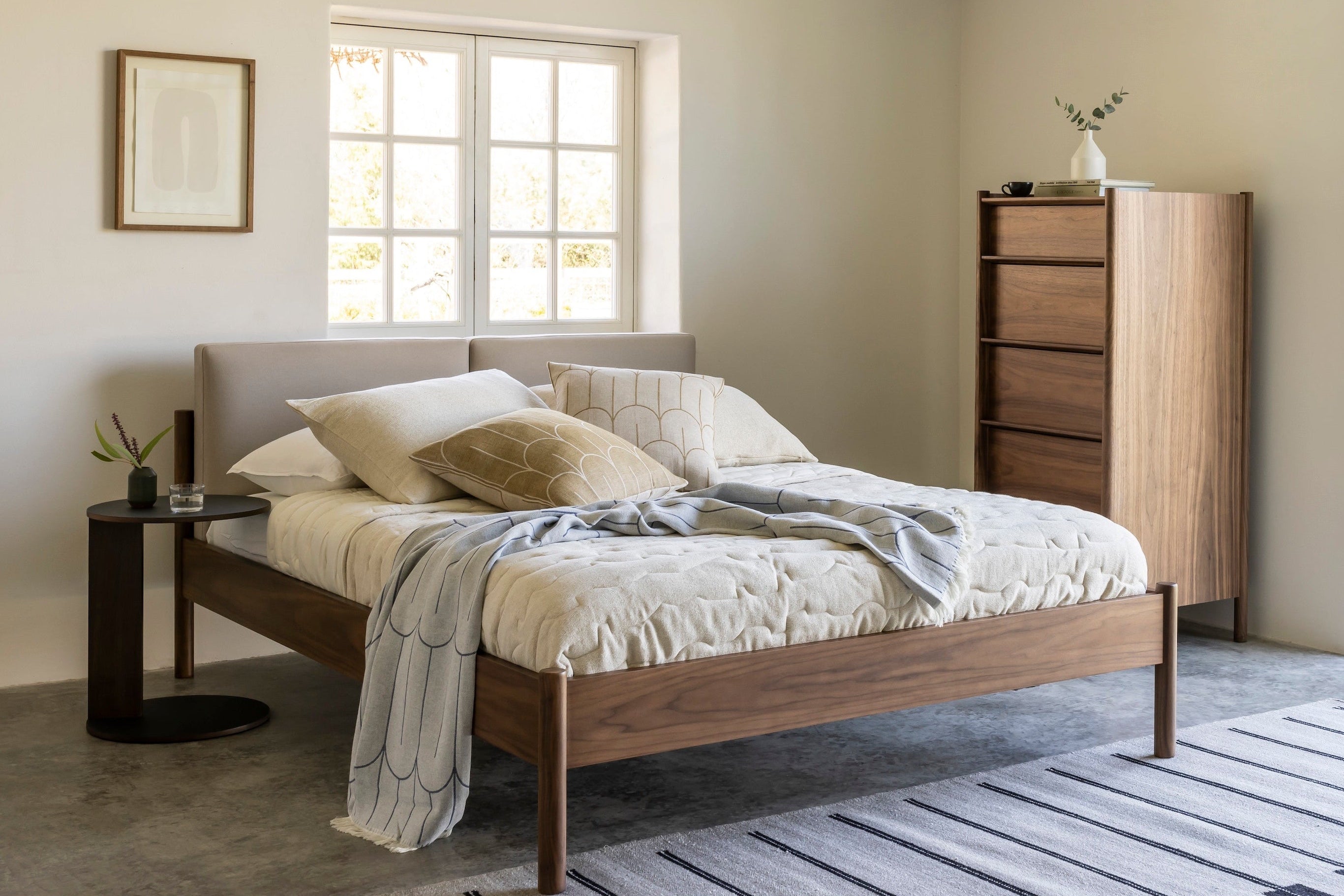 Case Pala bed in FSC-certified solid wood styled in bedroom, designed by Shin Azumi, British design.