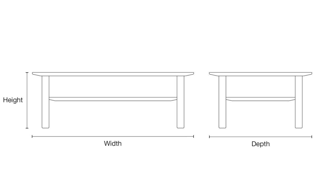 Case Port Rectangular Coffee Table line drawing, front and side views, marking height, width and depth
