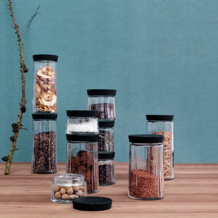 Rosendahl Grand Cru Storage Jar in glass with steel lid, designed by Erik Bagger, Danish design heritage.