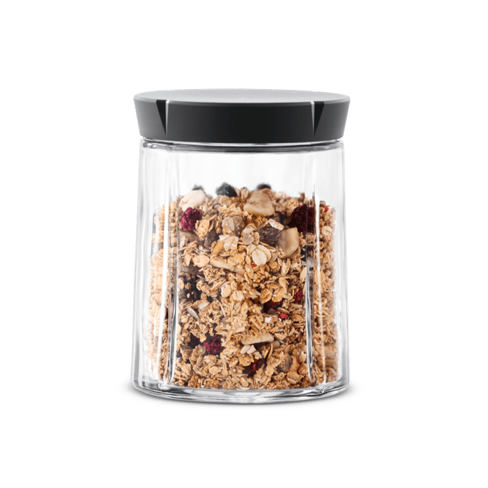 Rosendahl Grand Cru Storage Jar in glass with steel lid, designed by Erik Bagger, Danish design heritage.