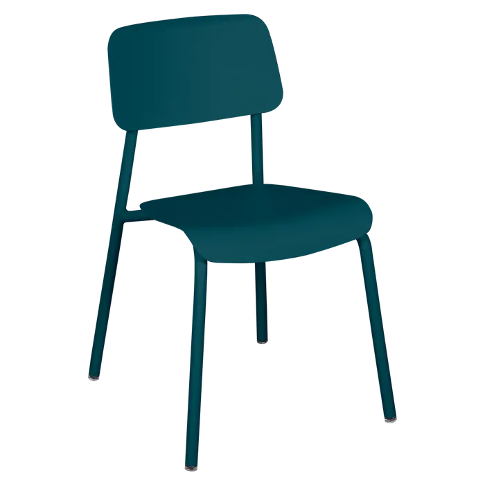 Fermob Studie Side Chair in Acapulco Blue powder-coated steel, outdoor chair from France