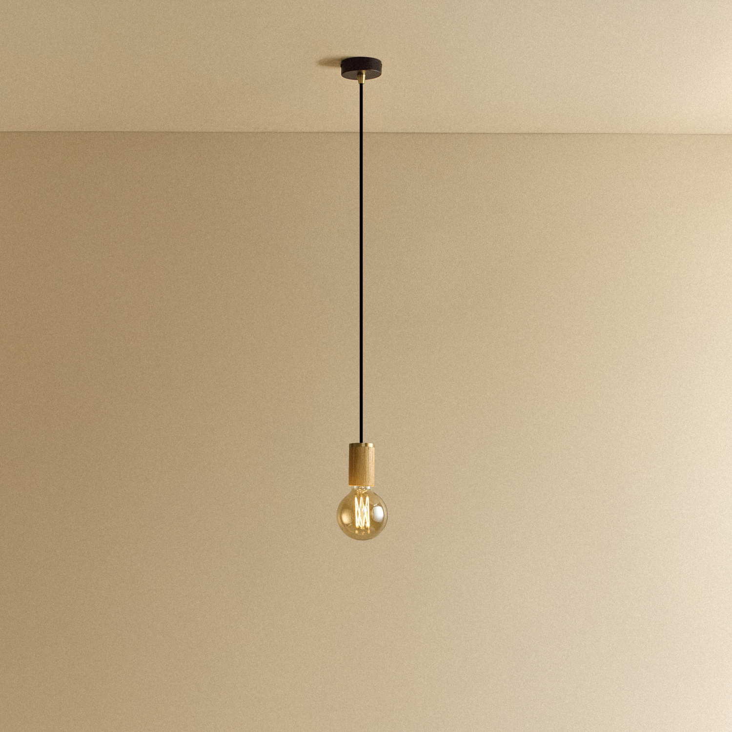 Elva Pendant Light in Oak, Tinted, illuminated