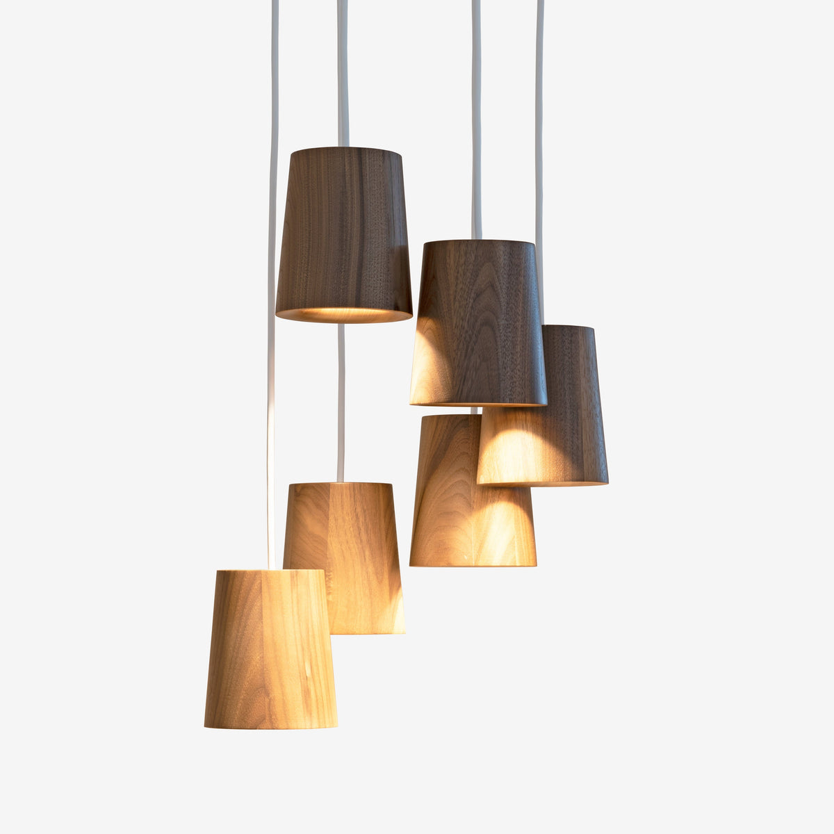 Case Solid Six Pendant Cluster in Walnut, staggered cones, solid walnut