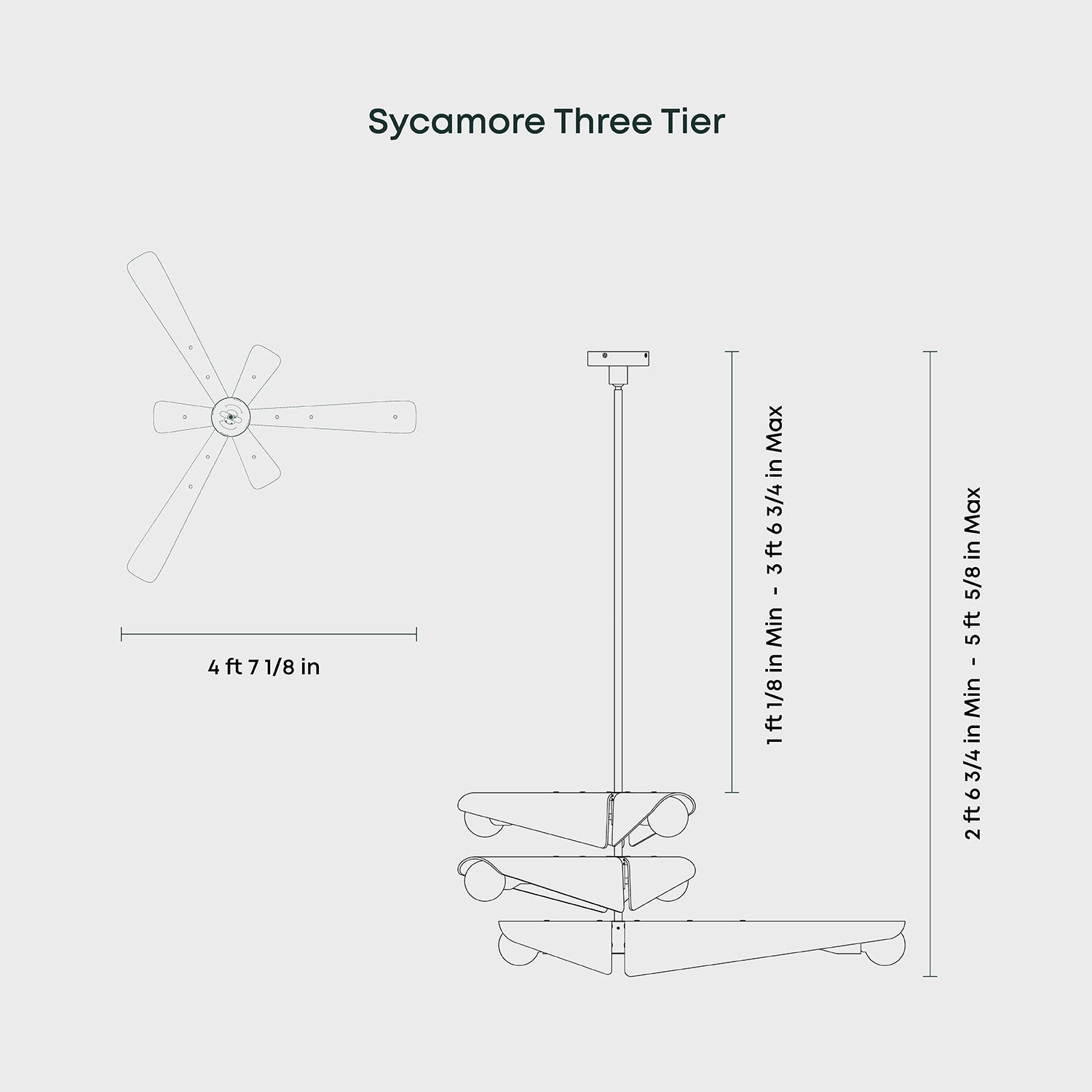 Tala Sycamore Chandelier 3 Tiers, dimensions diagram, Dawn Grey