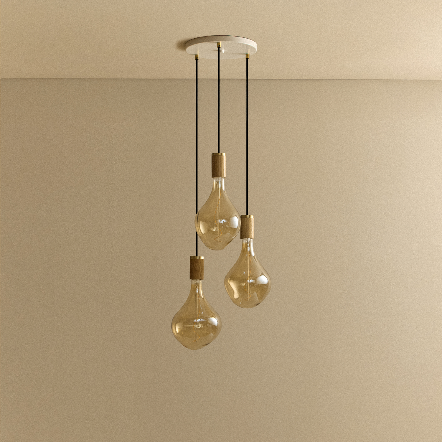 Tala Triple Pendant in Oak, Voronoi II bulb off