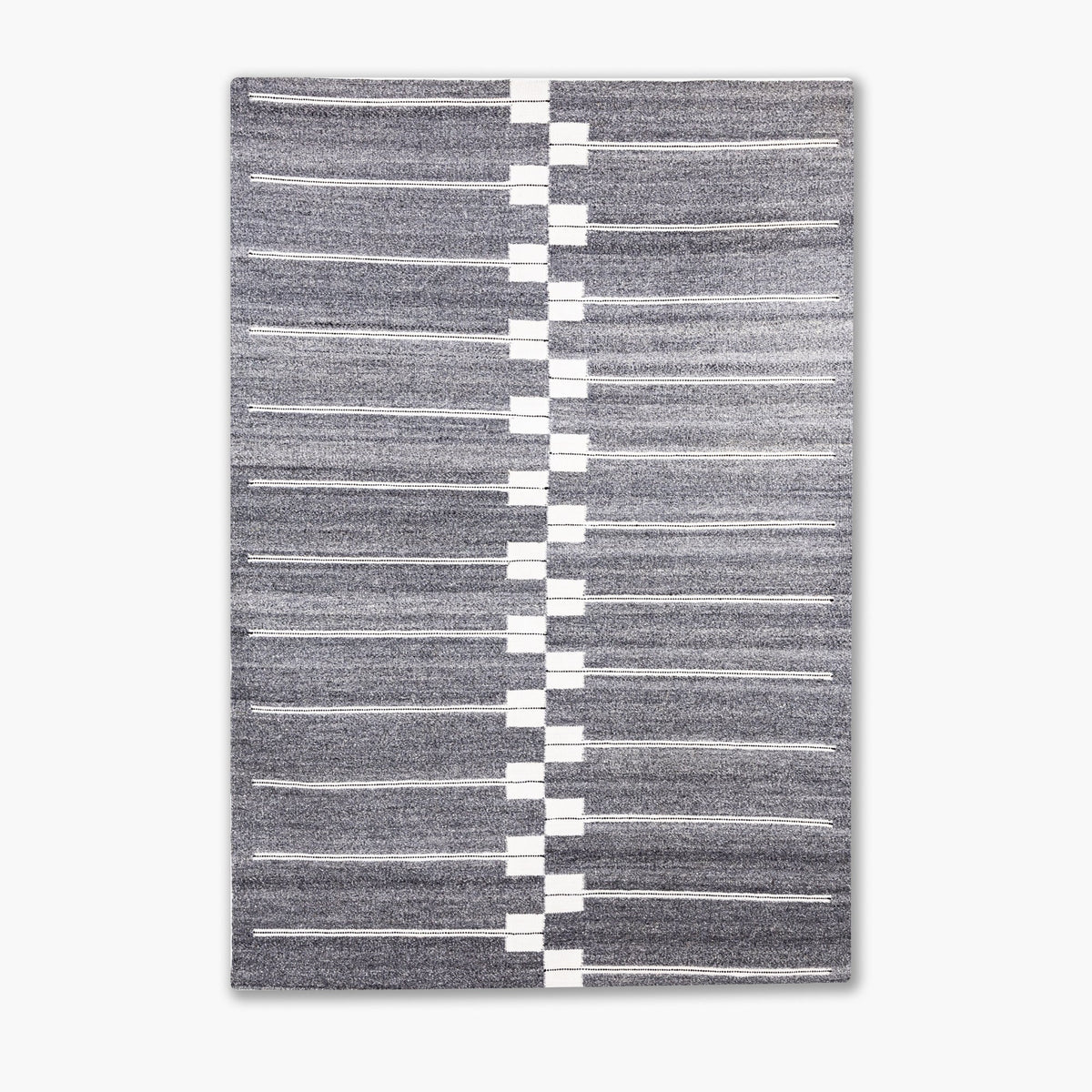 Case Spine RPET Rug in Warm Grey, recycled PET flat weave with white checkerboard motif