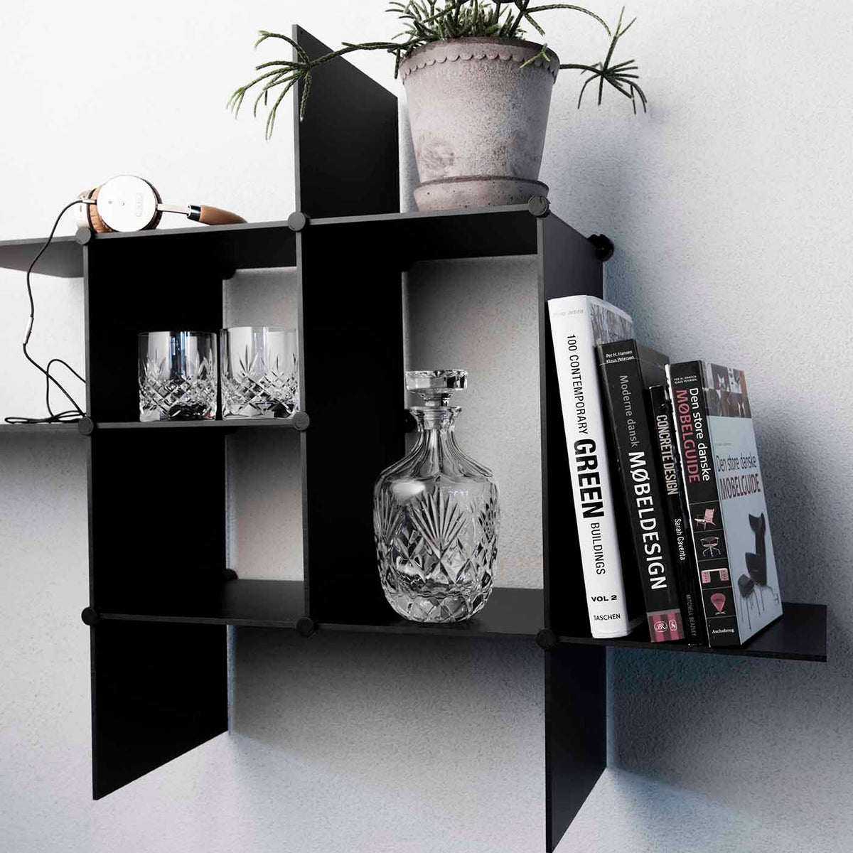 Bent Hansen Up the Wall Shelf Set in black, styled in an interior setting, laminate