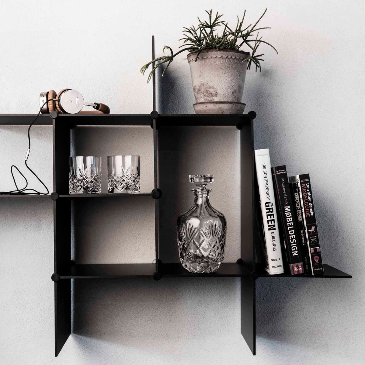 Bent Hansen Up the Wall Shelf Set in black, styled in an interior setting, laminate