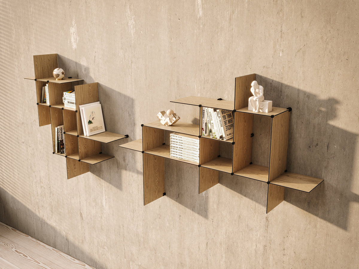 Bent Hansen Up the Wall Shelf Set in oak-look laminate, styled in an interior setting, laminate