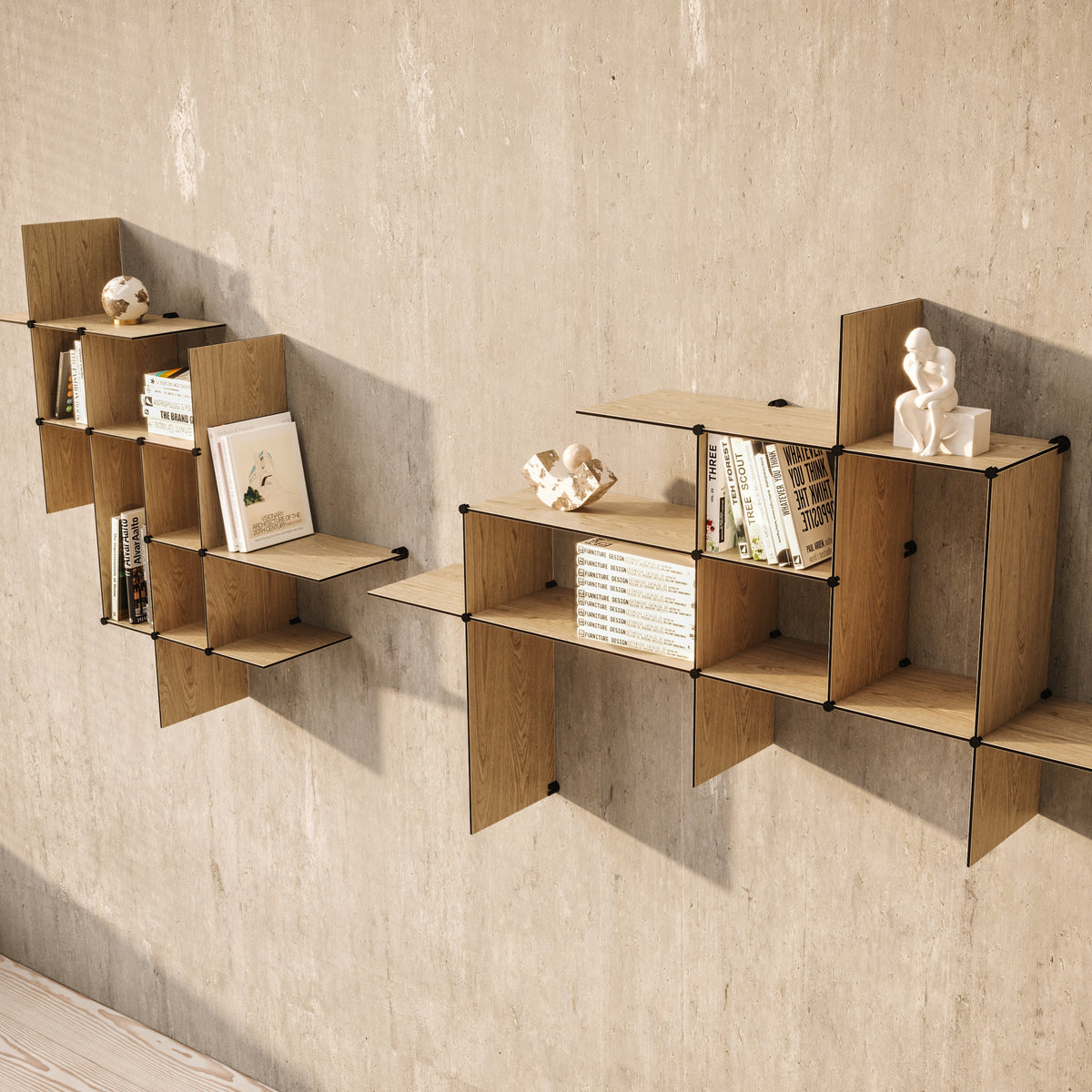 Bent Hansen Up the Wall Shelf Set in oak-look laminate, styled in an interior setting, laminate