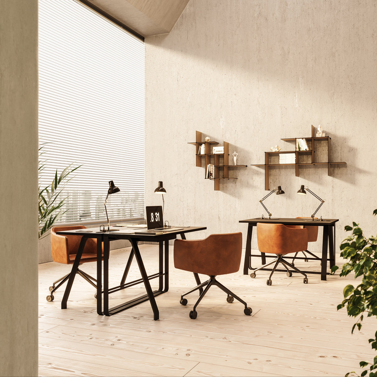 Bent Hansen Up the Wall Shelf Set in oak-look laminate, styled in an interior setting, laminate