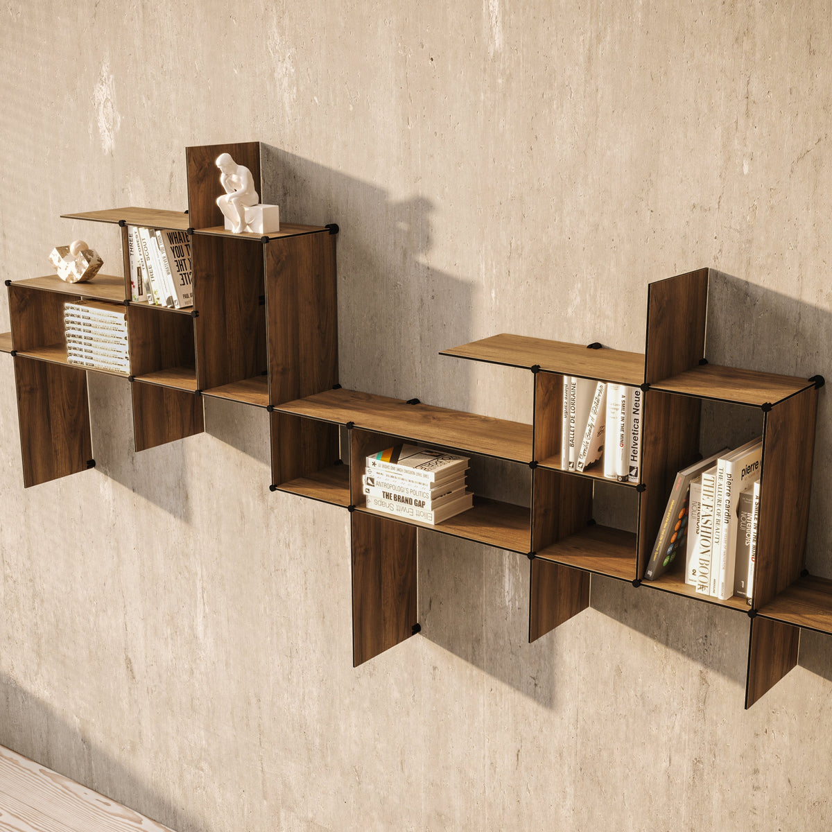 Bent Hansen Up the Wall Shelf Set in walnut-look laminate, styled in an interior setting, laminate