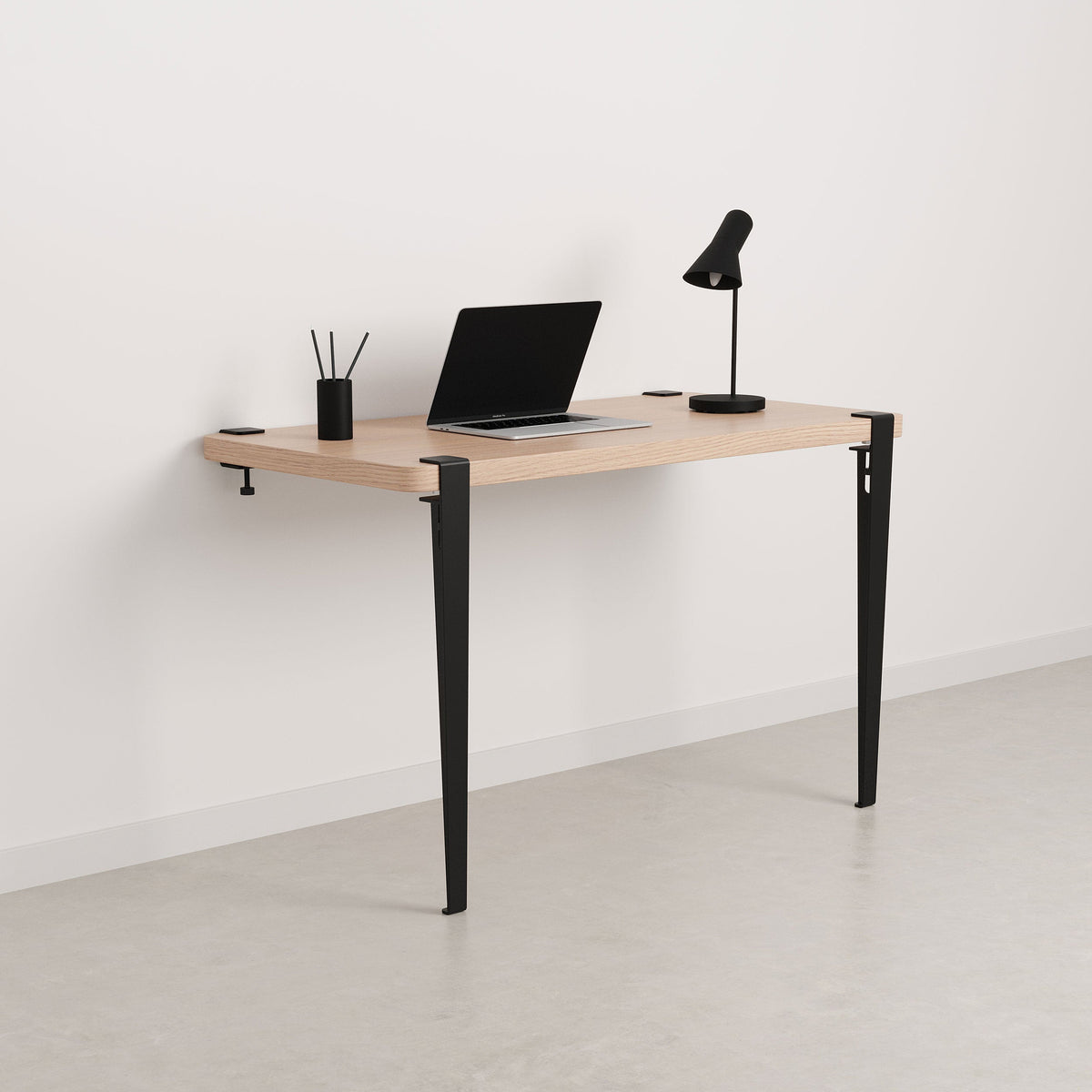 Tiptoe Wall Desk 120 x 60 cm in Graphite Black, oak veneer top on powder-coated steel