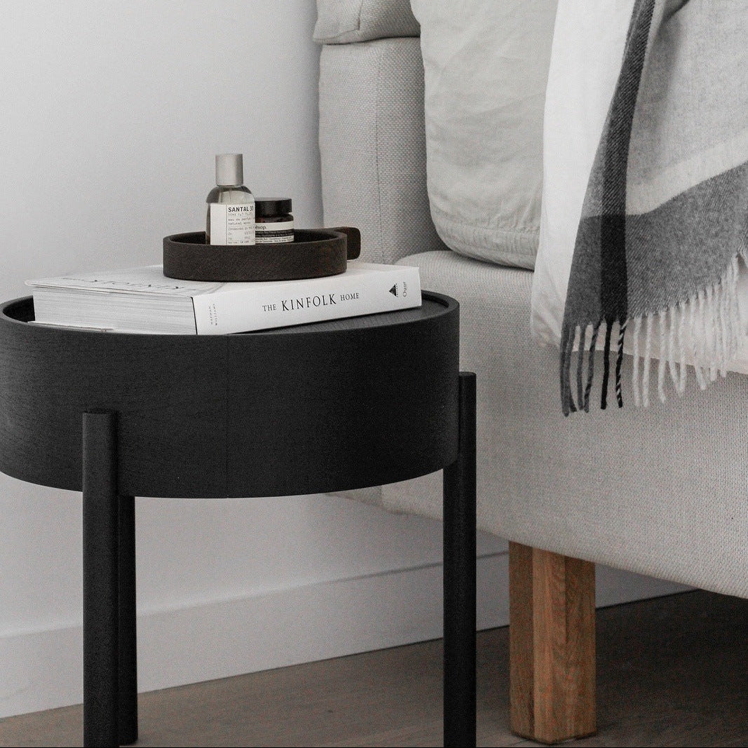 WOUD Arc Side Table in FSC-certified solid oak styled in a living room