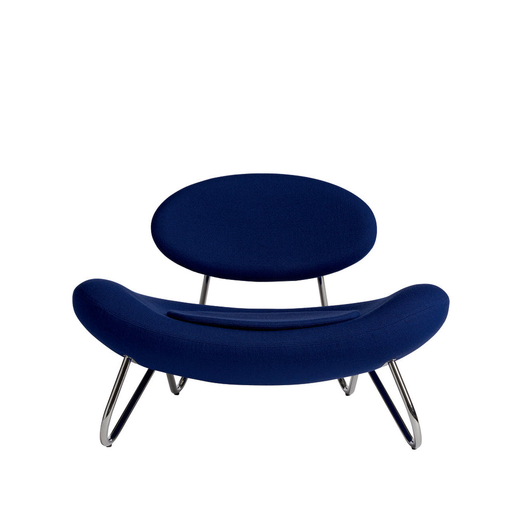 WOUD Meadow Lounge Chair in blue Kvadrat Vidar fabric on a chrome-plated steel frame, designed by Finn Hvidberg Nielsen
