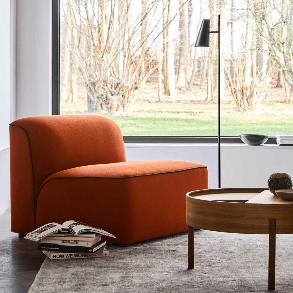 WOUD Cono Floor Lamp in powder-coated steel styled in a living room