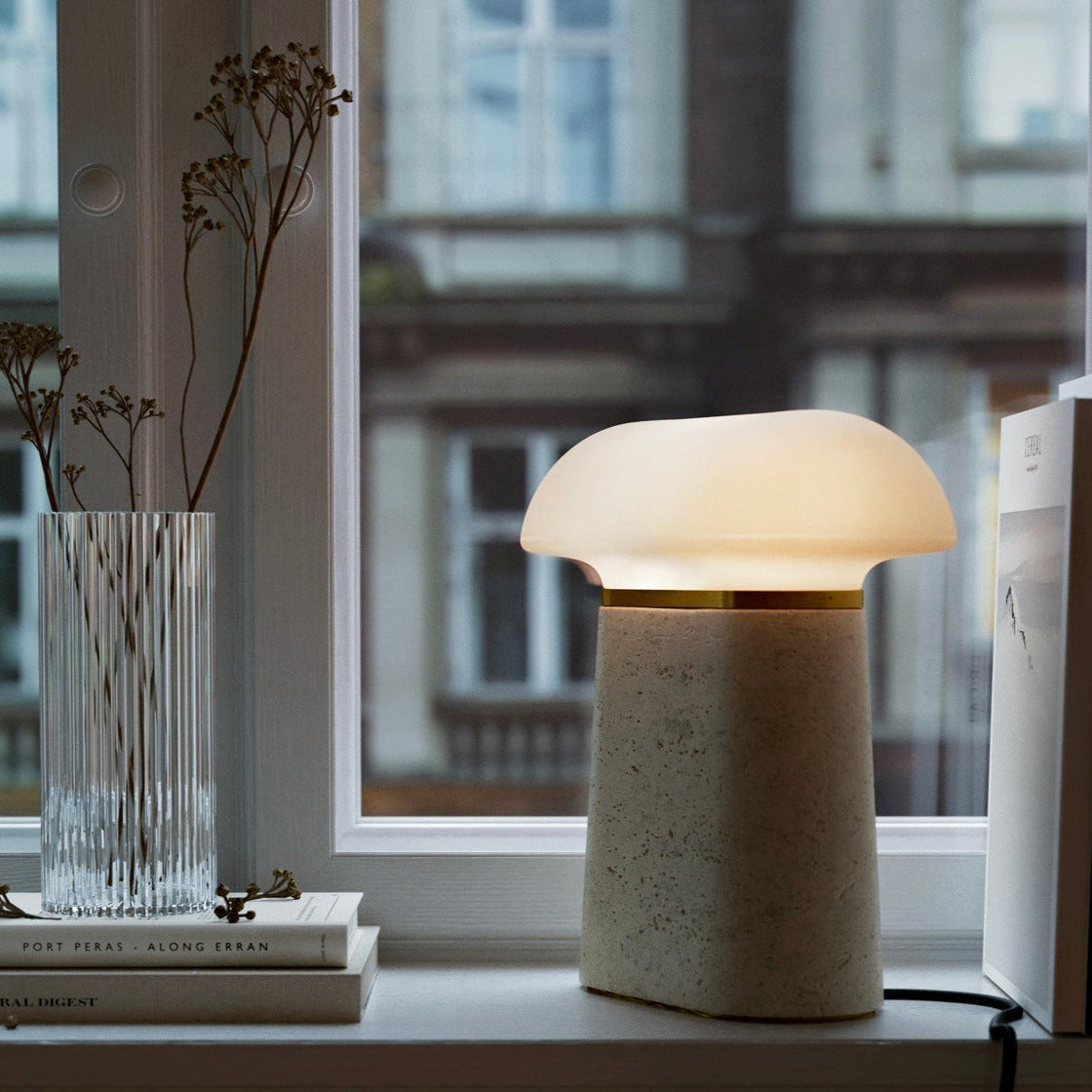 WOUD Nova Travertine Table Lamp in travertine and opal glass designed by Andreas Bergsaker