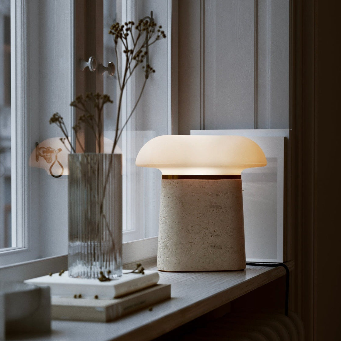 WOUD Nova Travertine Table Lamp in travertine and opal glass designed by Andreas Bergsaker, Danish design