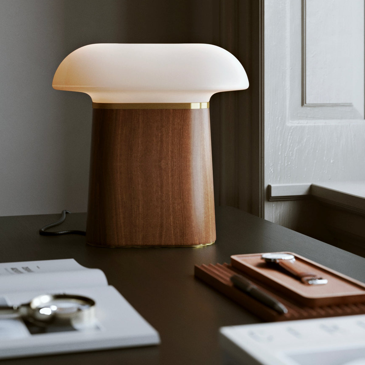 WOUD Nova Walnut Table Lamp in FSC-certified solid walnut and opal glass designed by Andreas Bergsaker