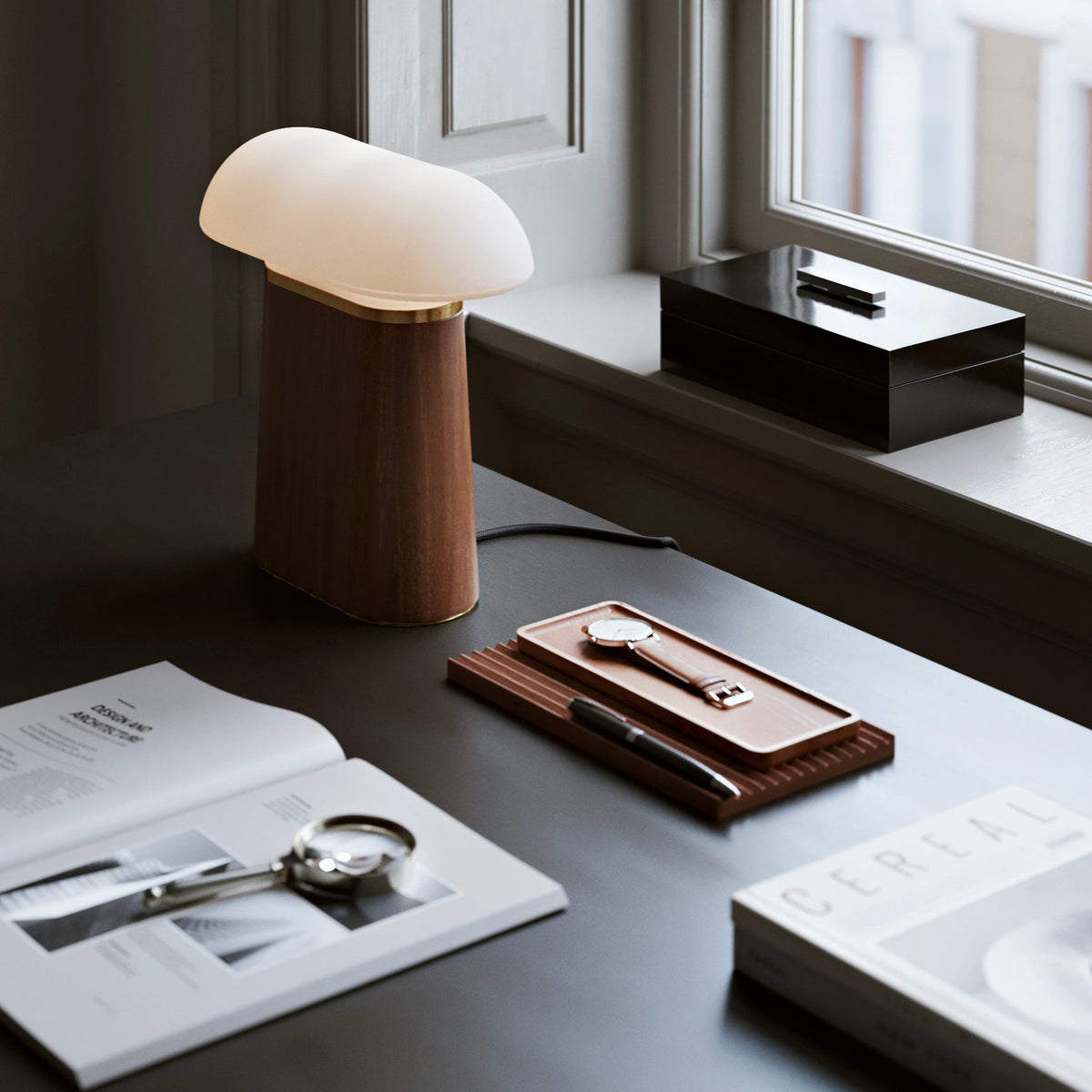 WOUD Nova Walnut Table Lamp in FSC-certified solid walnut and opal glass designed by Andreas Bergsaker