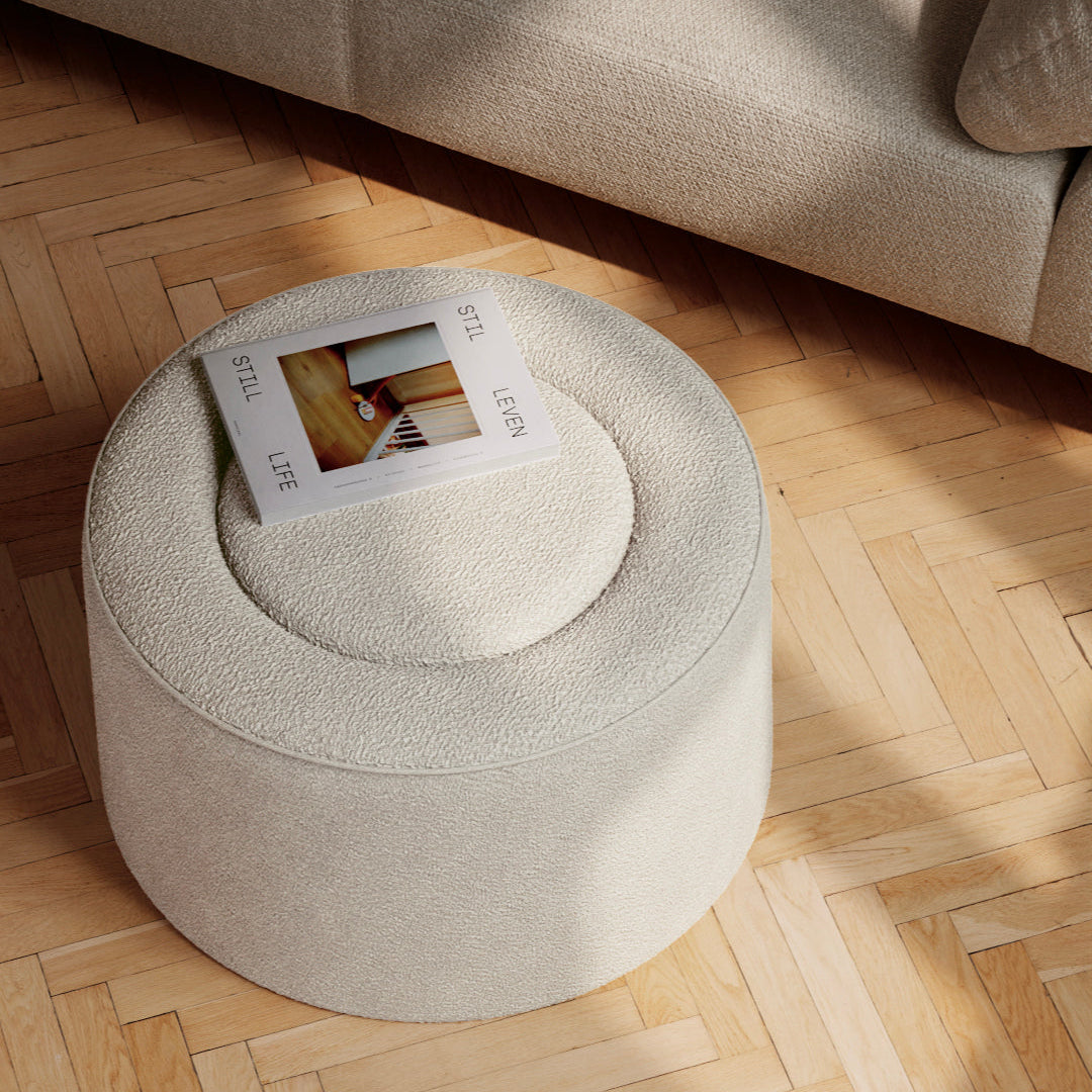 WOUD Praline Pouf in upholstered fabric designed by Mia Hamborg, Danish design