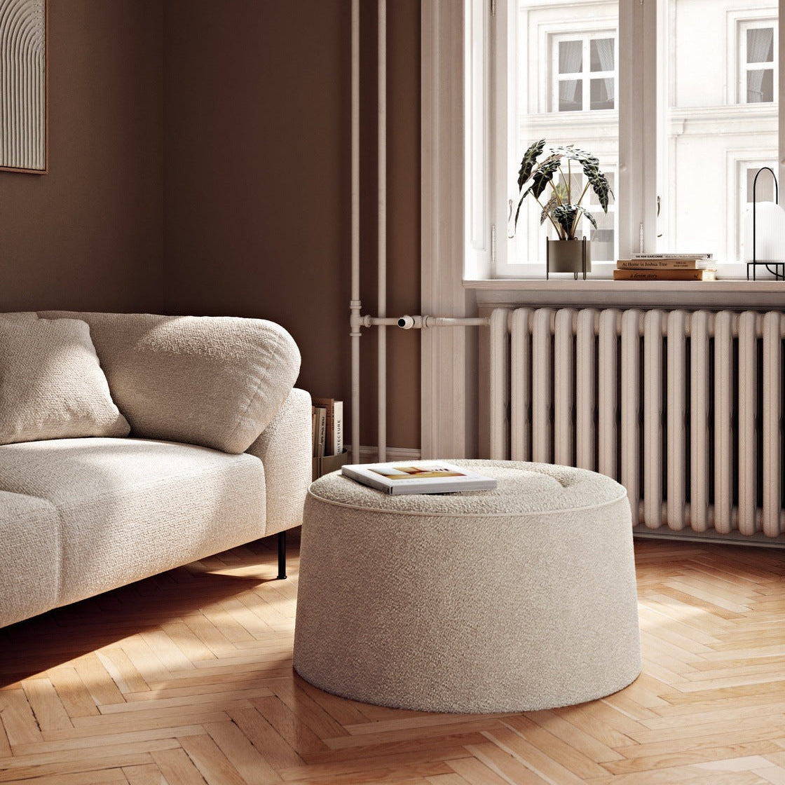 WOUD Praline Pouf in upholstered fabric designed by Mia Hamborg, Danish design