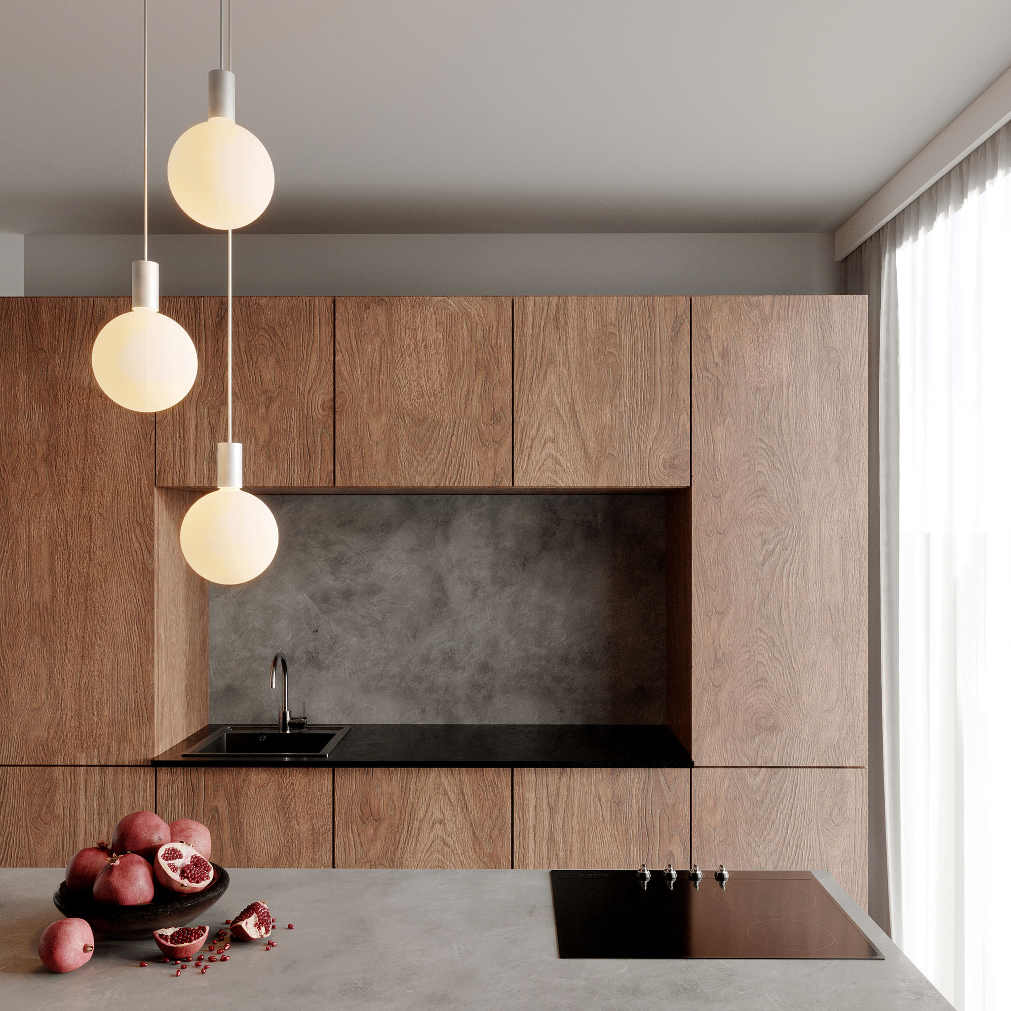 Alumina Triple Pendant with Sphere V bulbs by Tala, close-up of the Chalk aluminium canopy