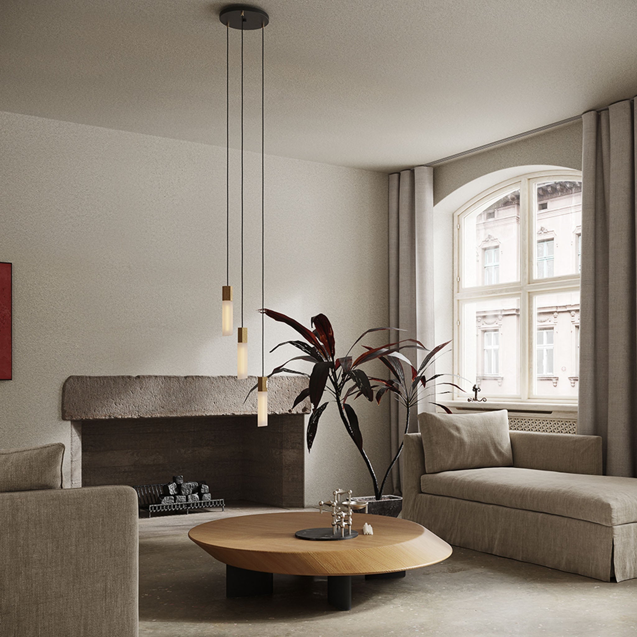 Basalt Triple Pendant by Tala in Brass, side profile of the three-pendant cluster