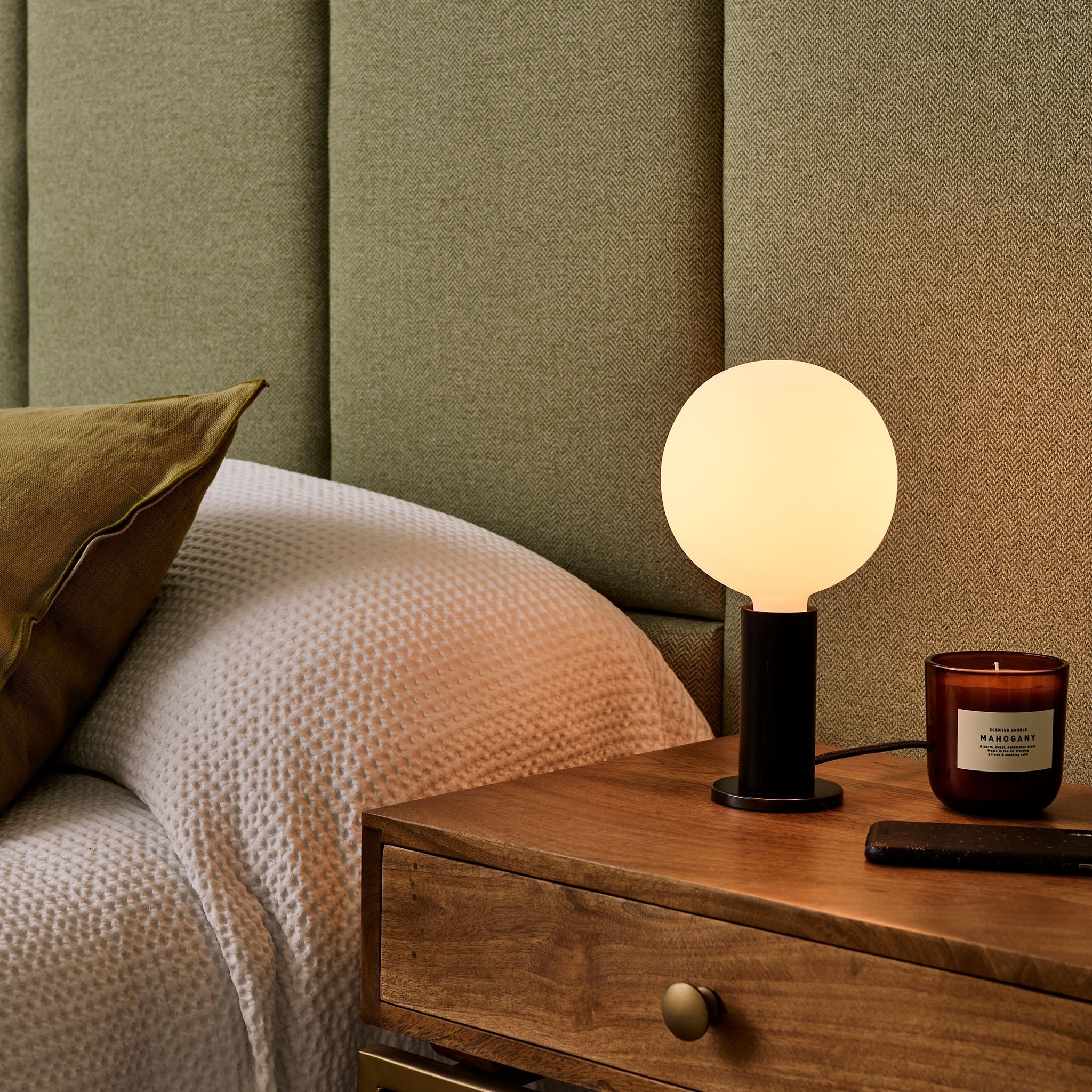 Knuckle Table Lamp in Blackened Oak with Sphere IV bulb, bedside table setting