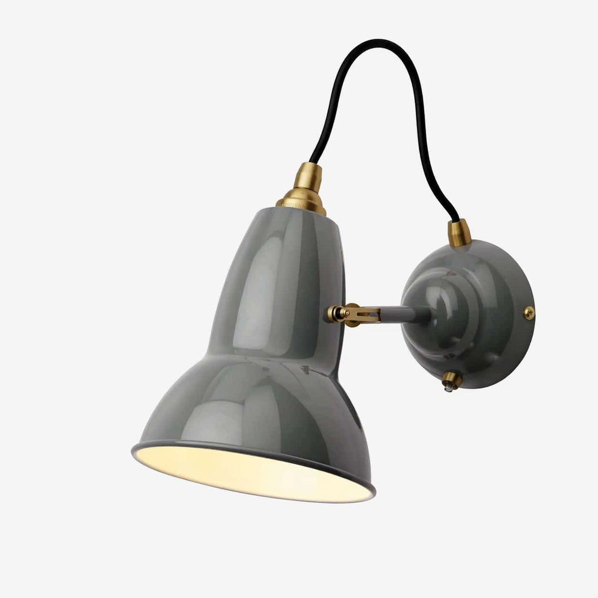 Anglepoise Original 1227 Brass Wall Light in Elephant Grey, second view of the steel shade and brass details