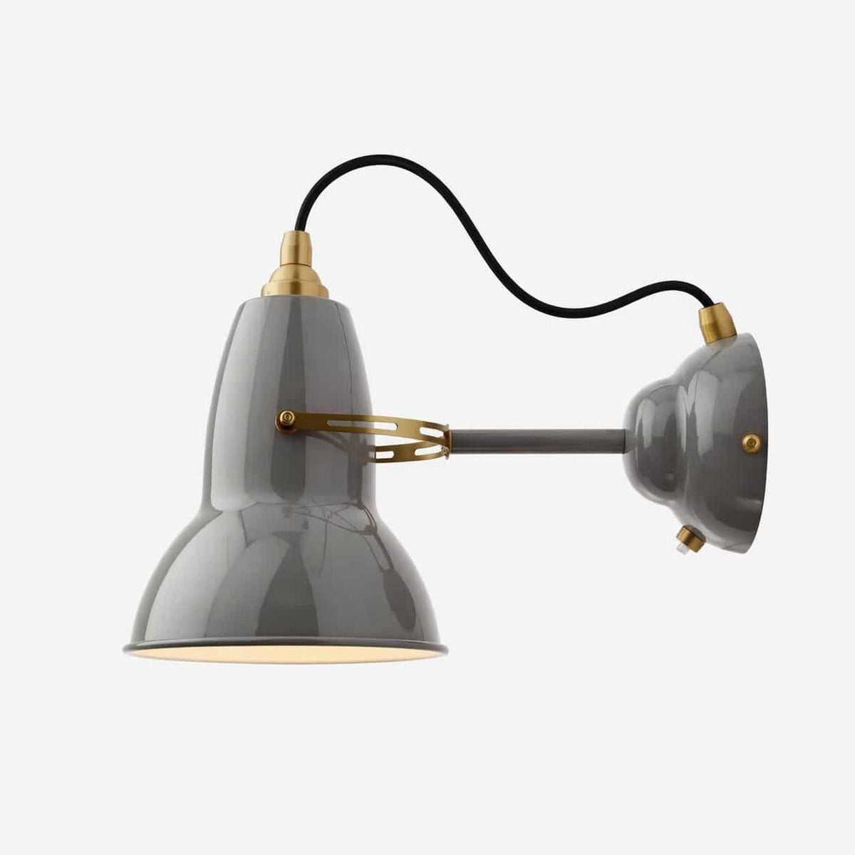 Anglepoise Original 1227 Brass Wall Light in Elephant Grey, gloss steel with brass shade cap and fittings