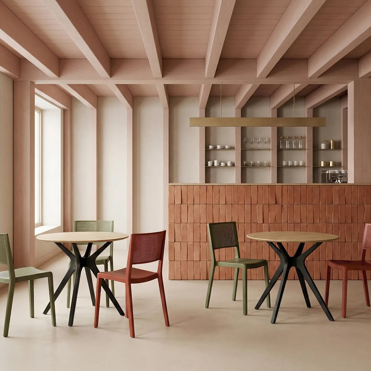 Resol Vela Tables with Natural Oak HPL tops and black bases, styled in a cafe interior