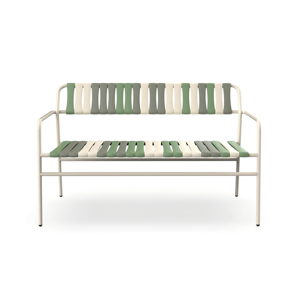 Resol Gelato Bench in Nácar frame with Pistacchio slat mix, steel frame and recycled polypropylene slats