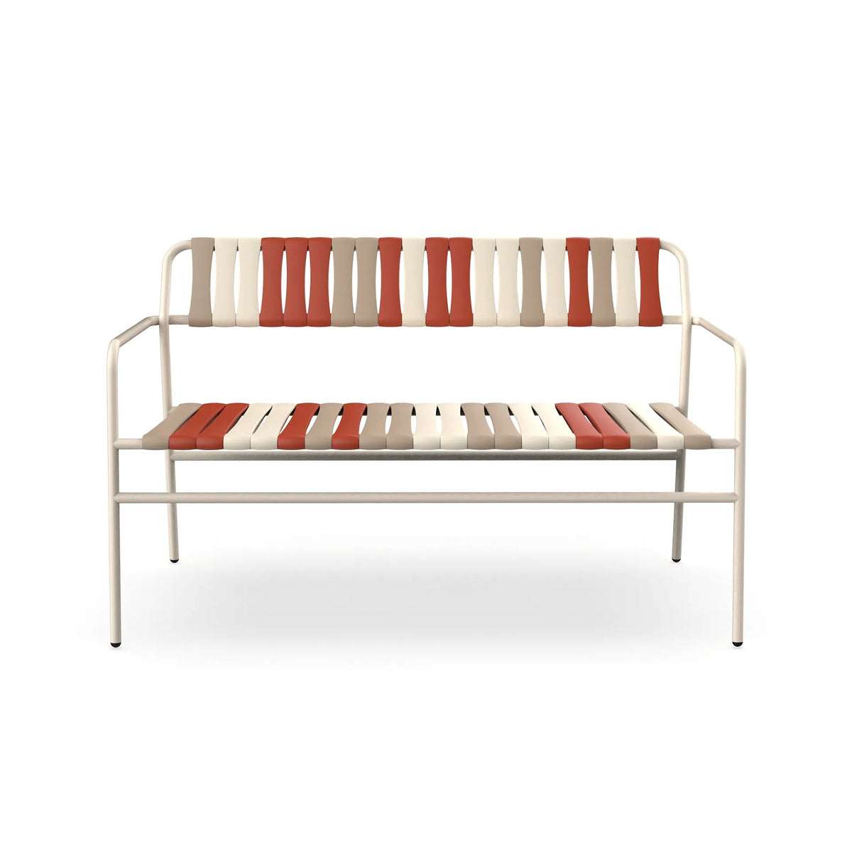 Resol Gelato Bench in Nácar frame with Amarena slat mix, steel frame and recycled polypropylene slats