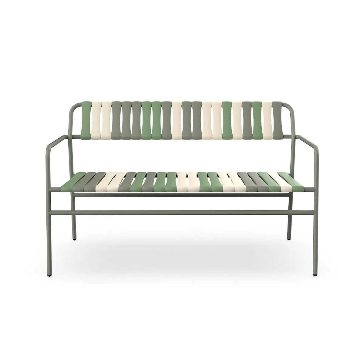 Resol Gelato Bench in Salvia frame with Pistacchio slat mix, steel frame and recycled polypropylene slats