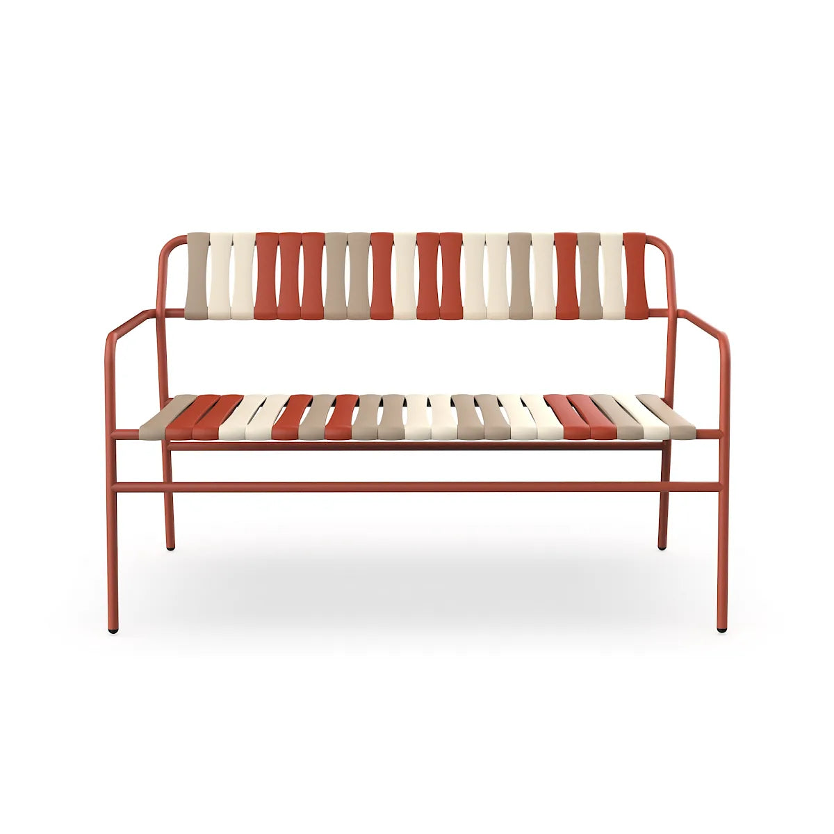 Resol Gelato Bench in Greda frame with Amarena slat mix, steel frame and recycled polypropylene slats