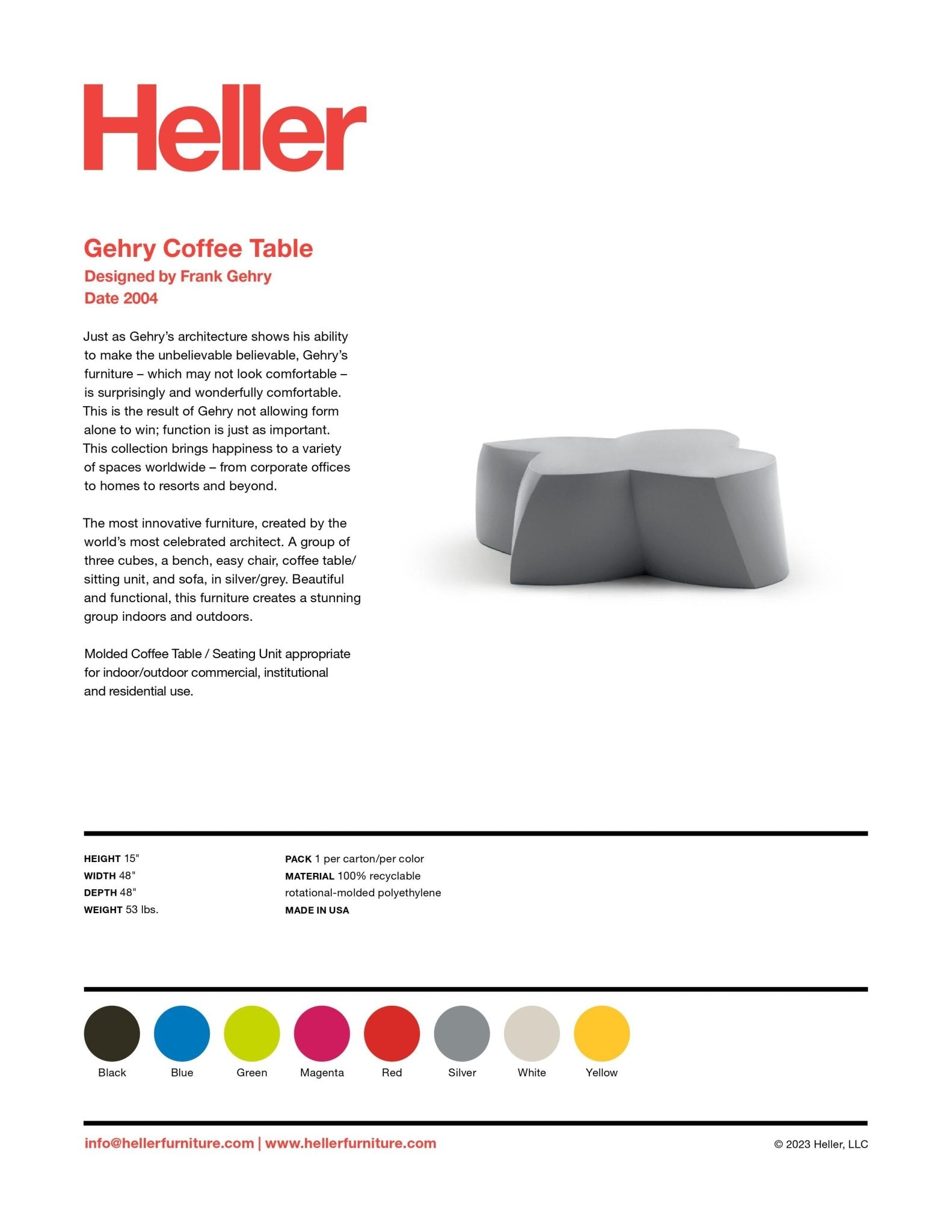 Heller Gehry Coffee Table in White, recyclable polyethylene, designed by Frank Gehry