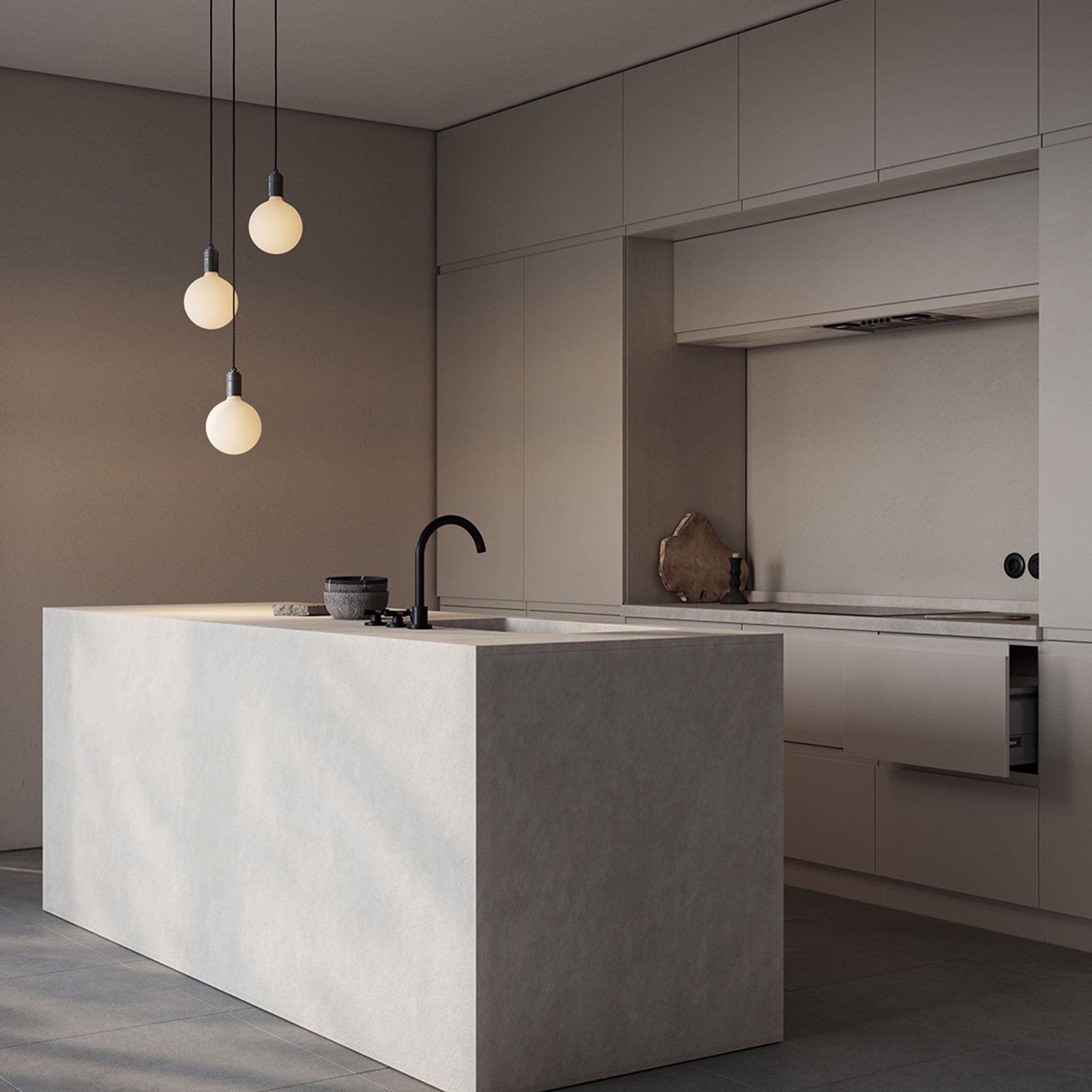 Tala Triple Pendant in Graphite with Sphere IV bulbs — kitchen lifestyle