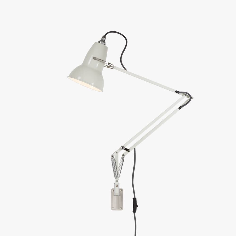 Anglepoise Original 1227 Wall Mounted Lamp in Linen White on its cast iron wall bracket, aluminum shade and arms