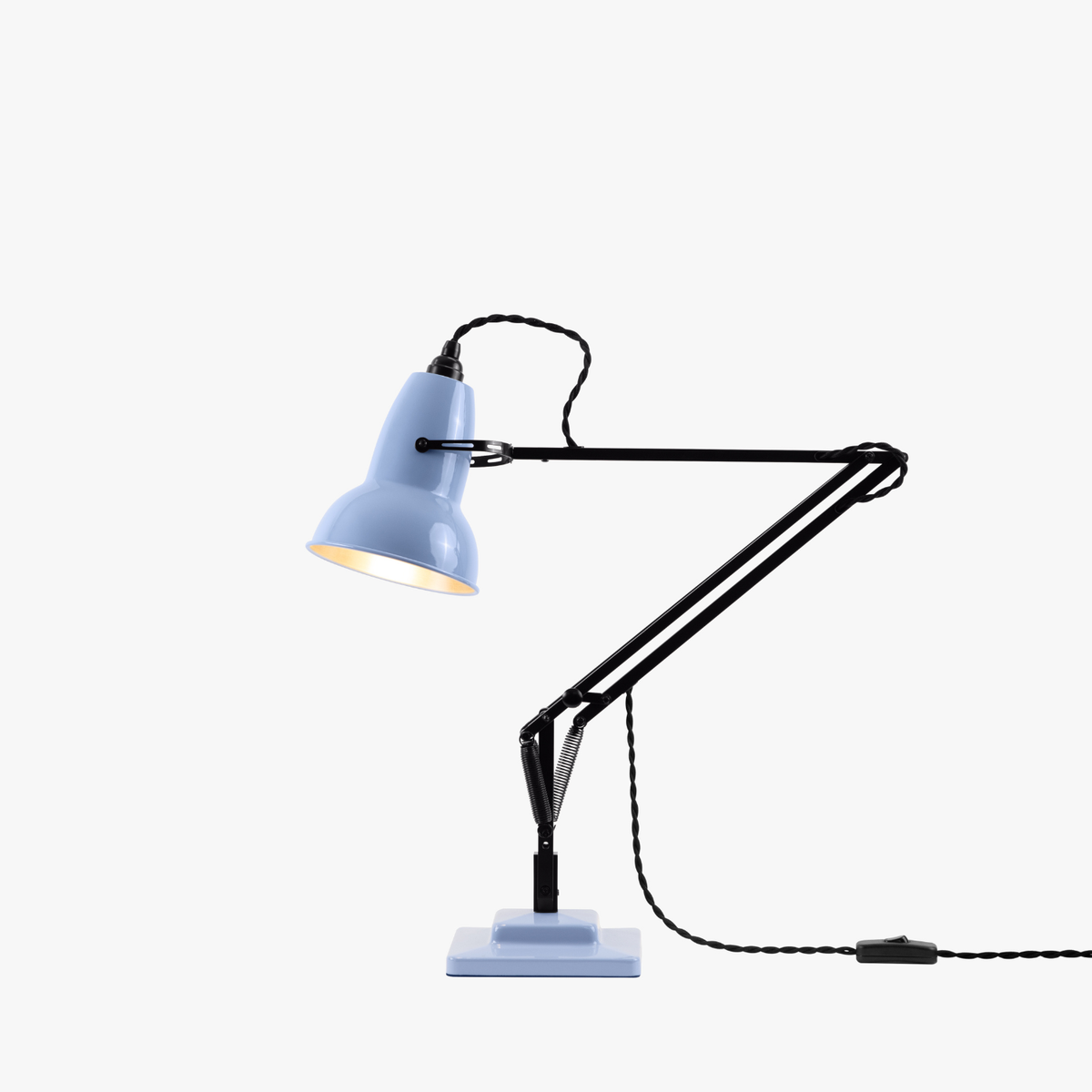 Anglepoise Original 1227 Desk Lamp in Opal Blue and Satin Black, side view, painted steel