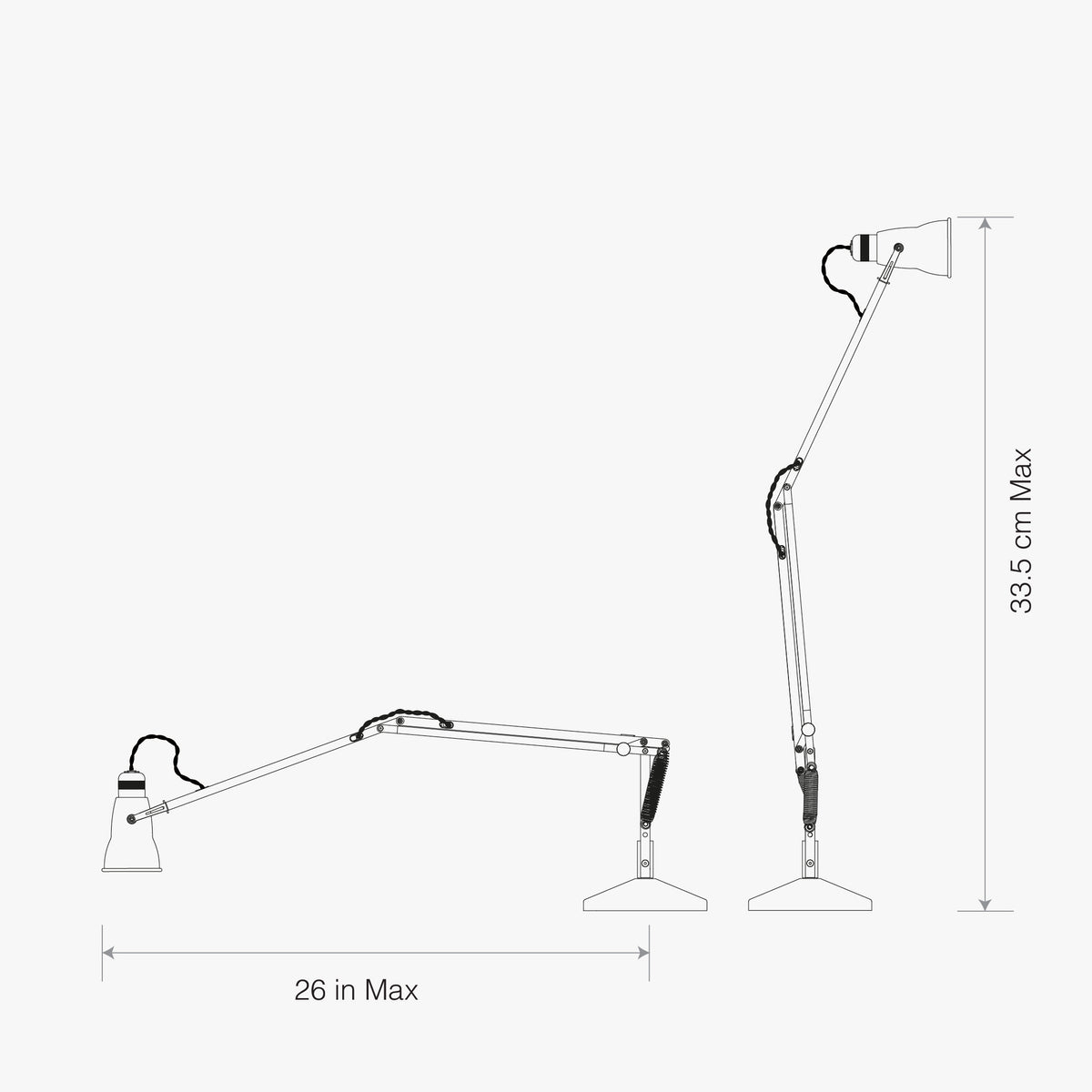 Dimension drawing of the Anglepoise Original 315 Desk Lamp, measurements in inches