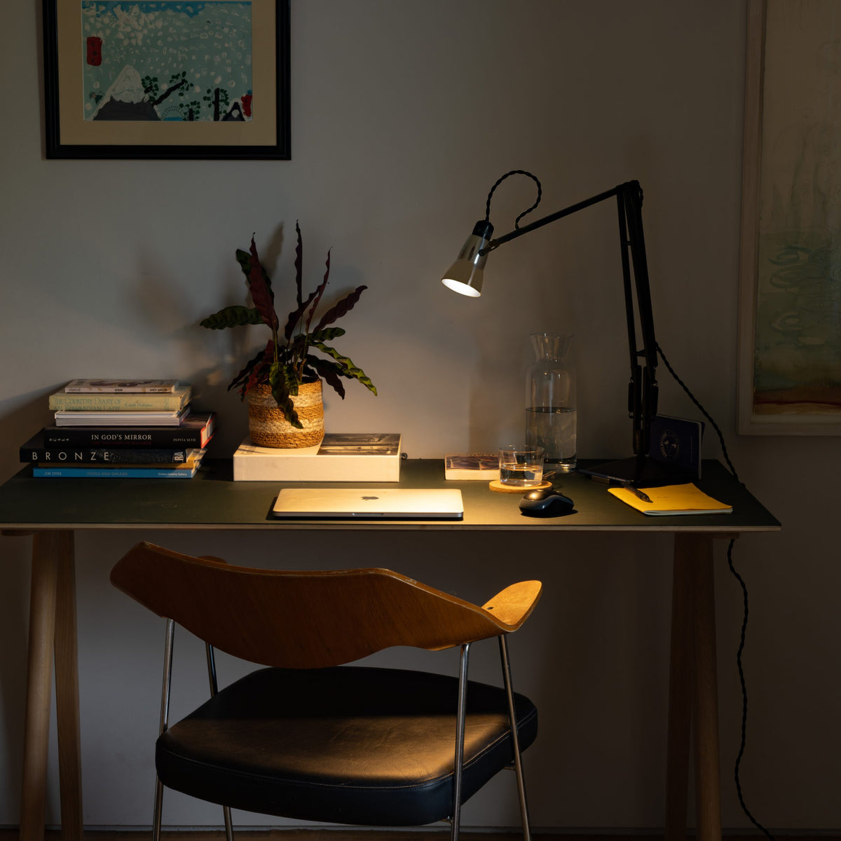 Anglepoise Original 315 Desk Lamp in Aluminum and Black, styled in an interior setting, polished aluminum