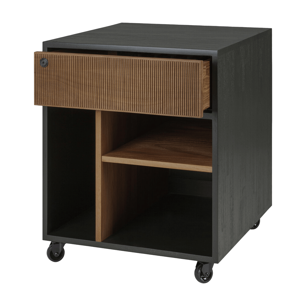 Ethnicraft Oscar Drawer Unit in Teak Black with the drawer open, solid teak