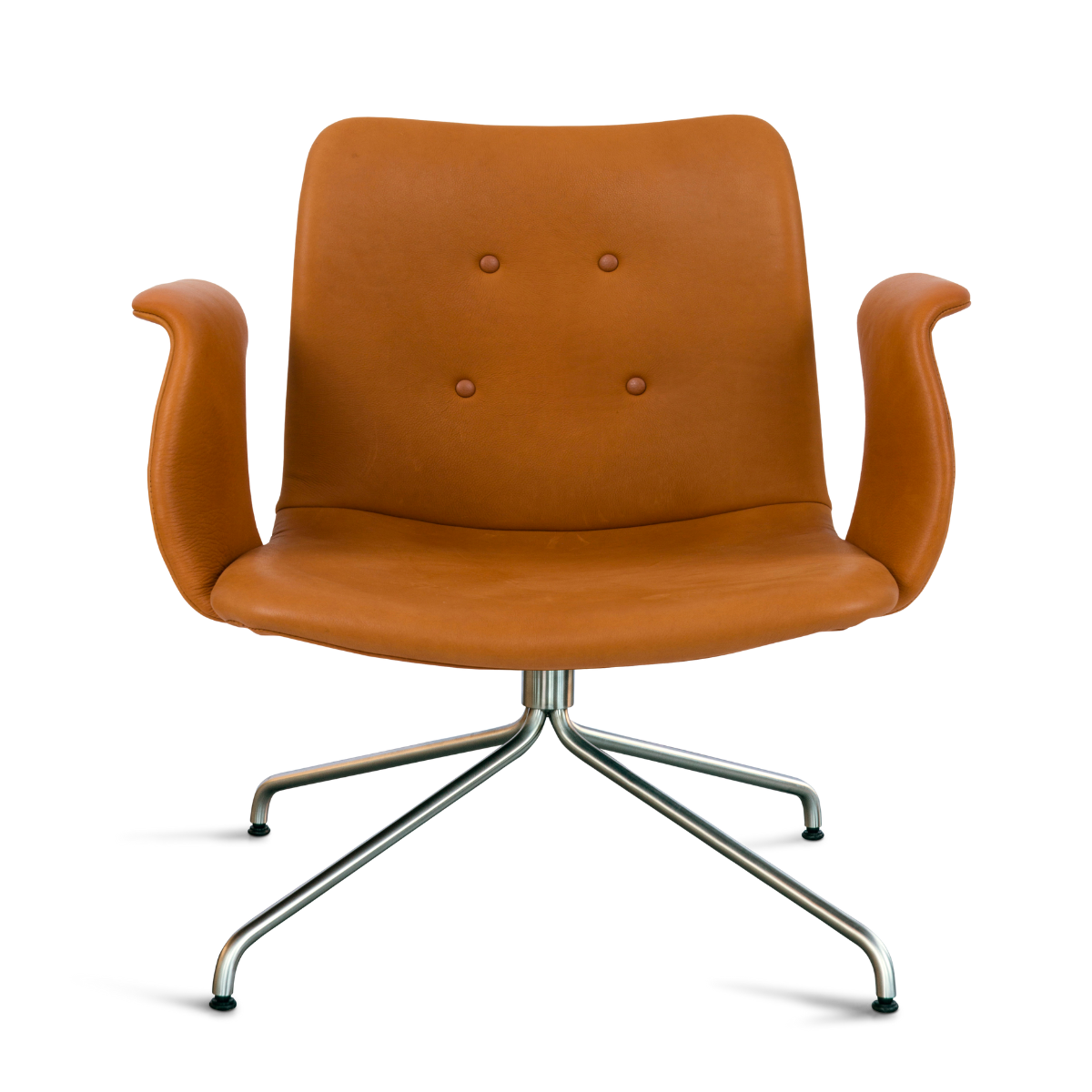 Bent Hansen Primum Lounge Chair with Arms in cognac leather, stainless steel base, stainless steel and leather