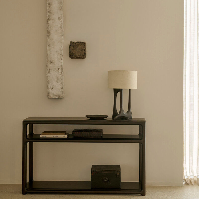 Ethnicraft Eda Console in Rose Brown, styled in an interior setting, solid mahogany