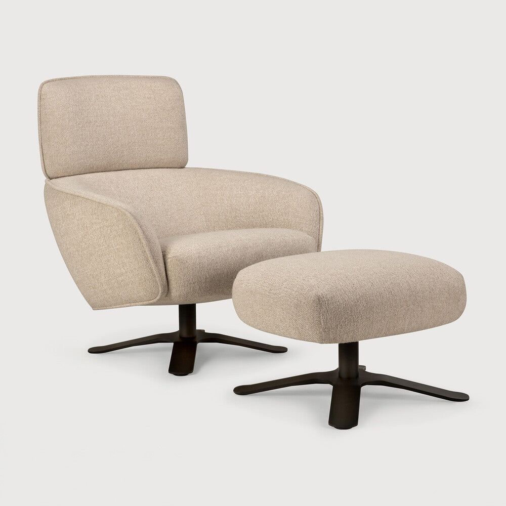 Detail of Ethnicraft Merge Footstool and Lounge Chair showing matching Loam fabric