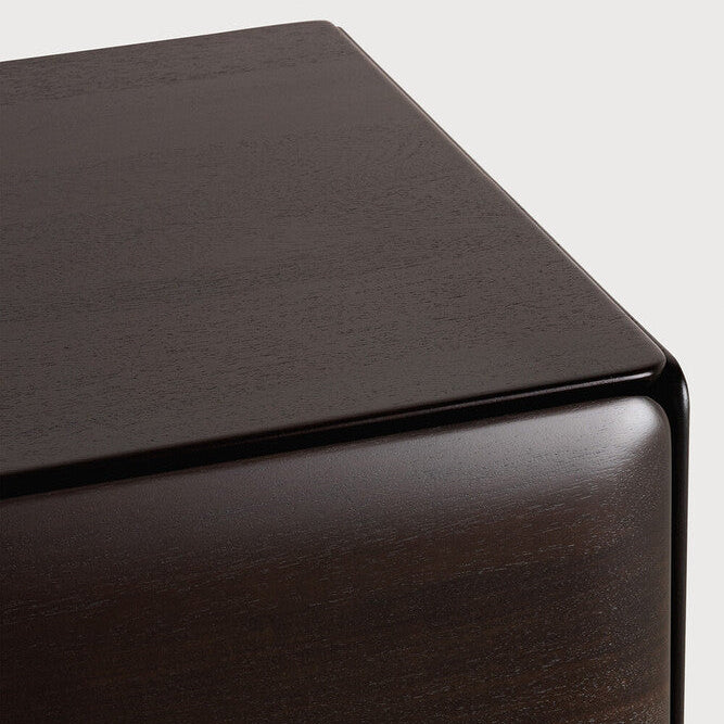 Detail of Ethnicraft PI Light Hanging Sideboard showing the hand-finished mahogany door edge