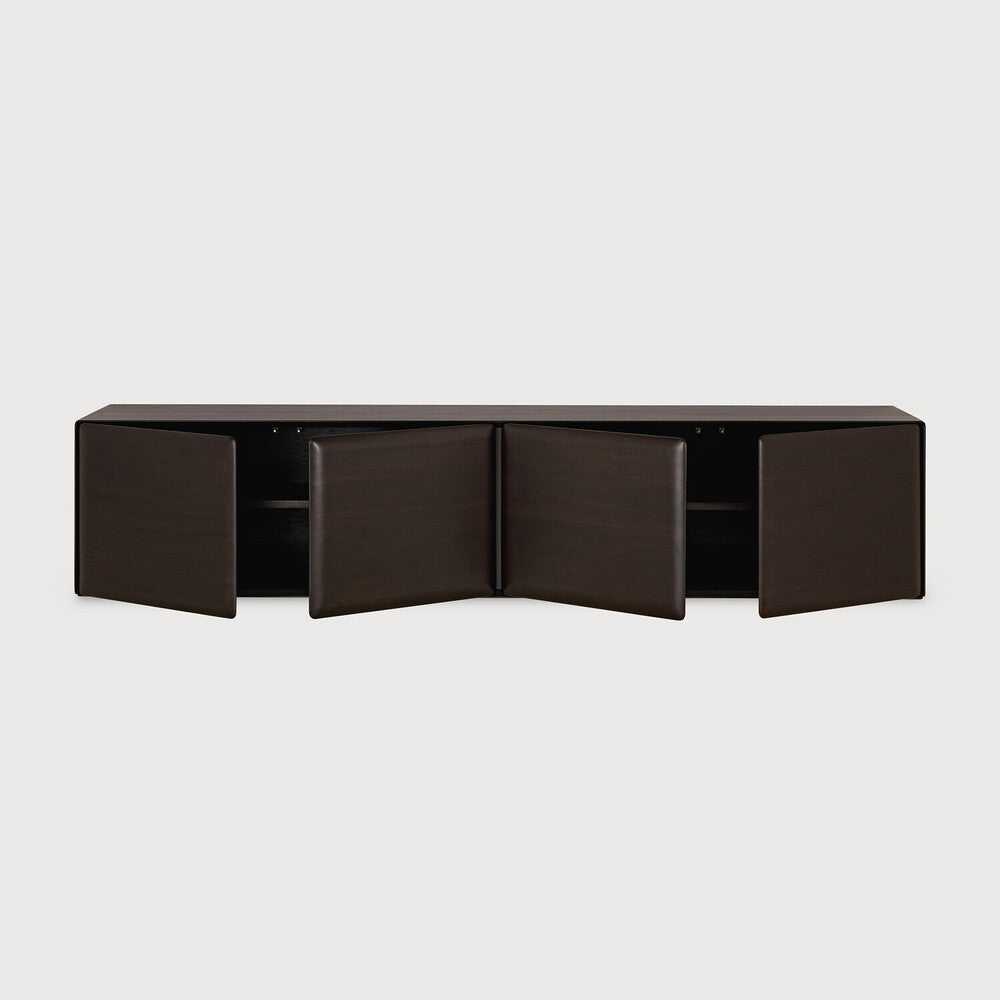 Ethnicraft PI Light Hanging Sideboard with doors open showing adjustable mahogany shelves