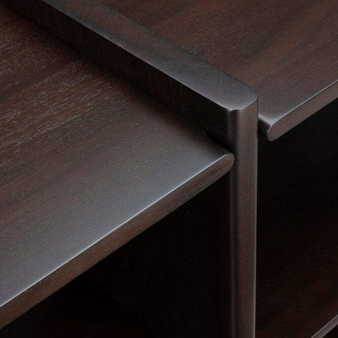 Detail of Ethnicraft Mortise Rack showing a shelf compartment in solid mahogany