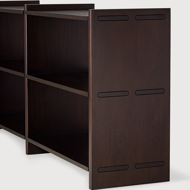 Detail of Ethnicraft Mortise Rack showing the mahogany grain and varnish